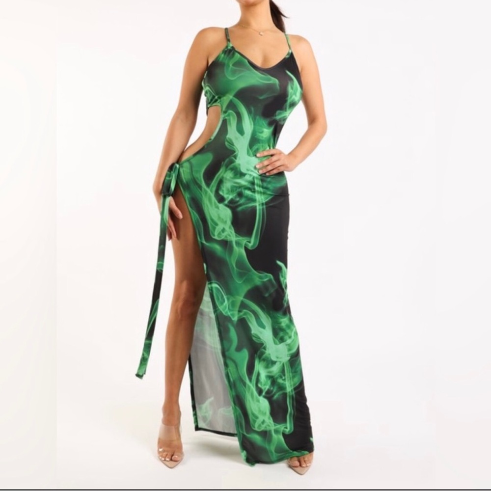 Cutout On Fire High Green Maxi Dress